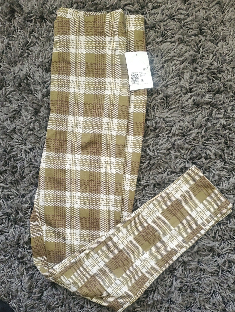 Forever 21 Olive & Cream Plaid Knit Leggings